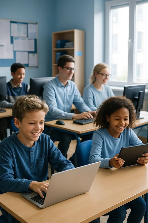 Secondary school students smiling and using laptops and tablets in a classroom with IT support