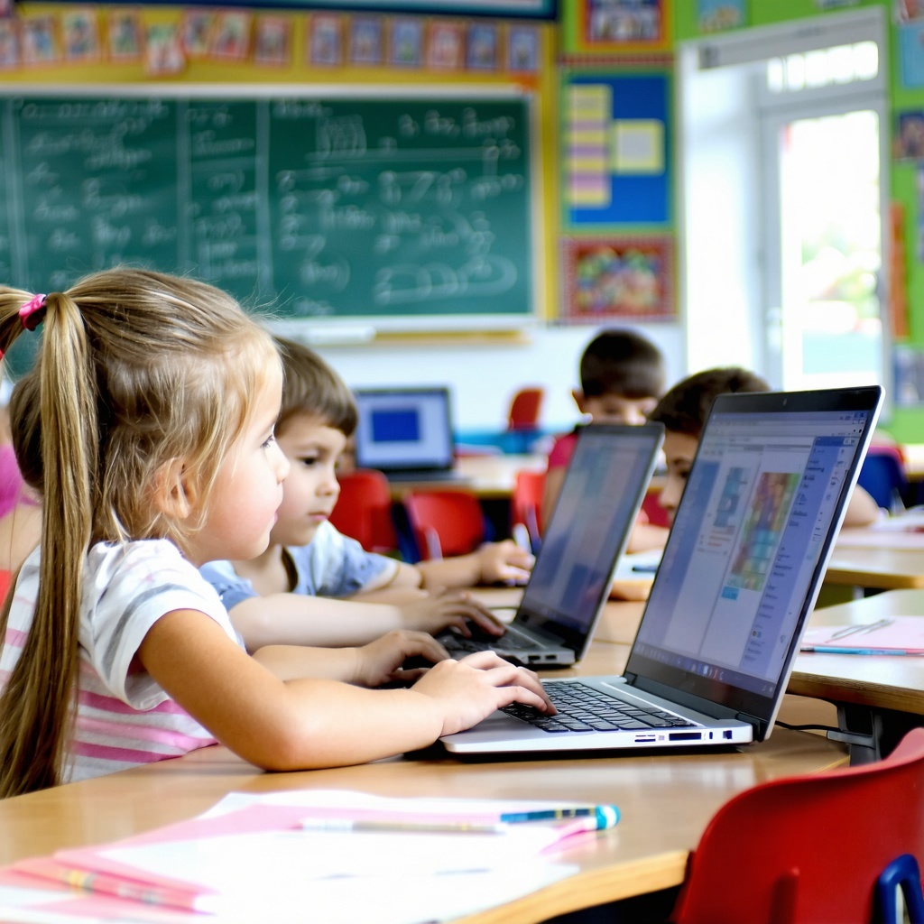 classroom with kids on laptops and computers-2