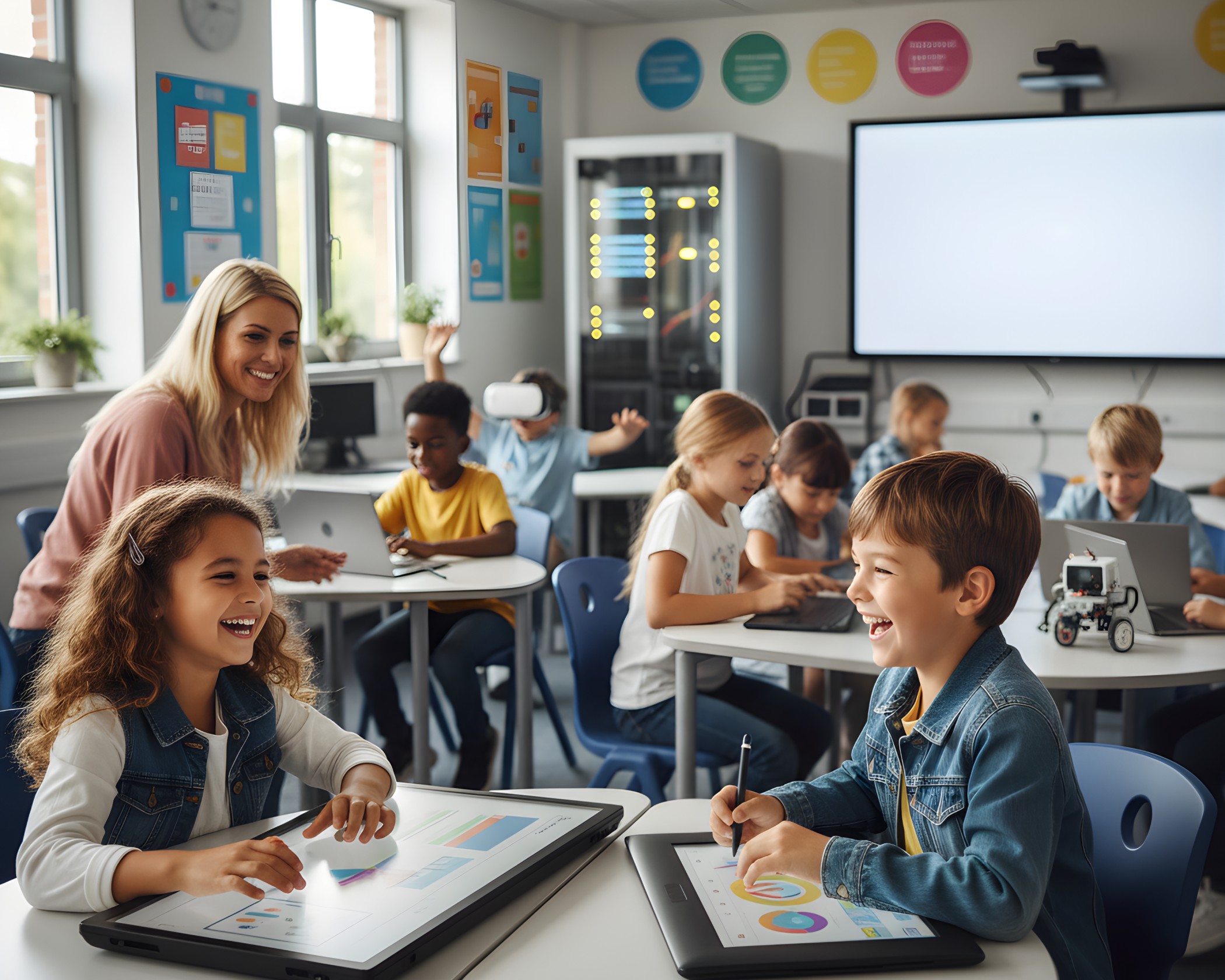 Primary pupils using interactive tablets in a digitally connected classroom