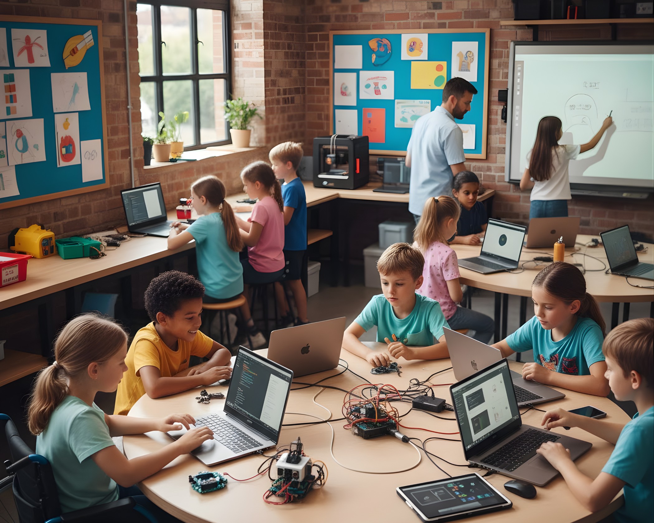 Pupils using coding and robotics equipment in a primary school STEM lesson
